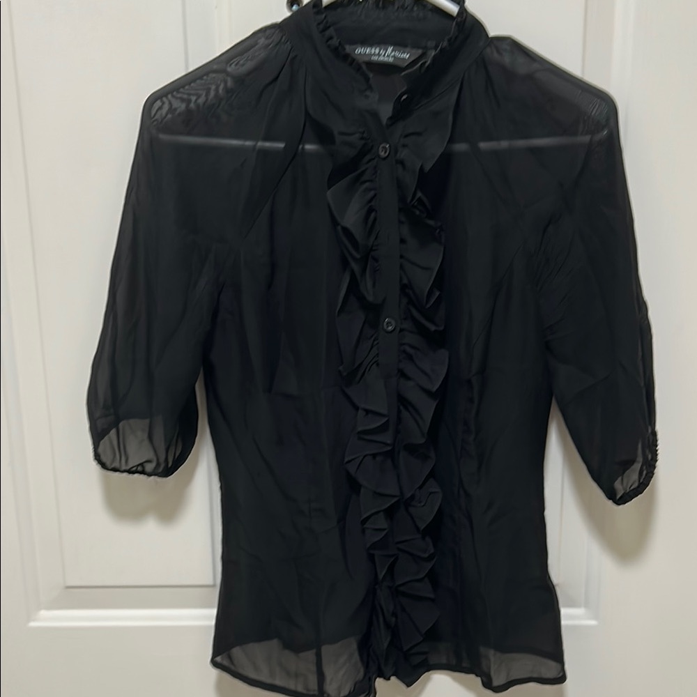 Guess by Marciano Black Puff Sleeve Ruffled Blouse